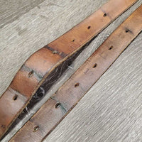 Wide Thick Stirrup Leathers *gc, v.dry, v.stiff, faded, crackles, mnr stains & dents, UNDONE stitching, uneven
