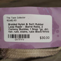 Braided Nylon & Soft Rubber Loop Roper - Barrel Reins, 2 Conway Buckles, 1 Snap *gc, dirt, hair, rust, stains, rubs
