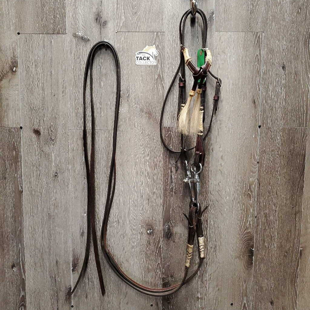 Soft Leather, Rawhide, Futurity Knot Headstall, Hair Tassle, Thick Split Reins, TomThumb, Quick Change *xc, mnr stains, edge scrapes, film & loose/undone laces, shedding tassles