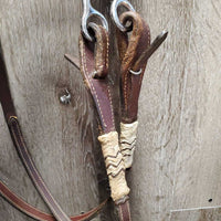 Soft Leather, Rawhide, Futurity Knot Headstall, Hair Tassle, Thick Split Reins, TomThumb, Quick Change *xc, mnr stains, edge scrapes, film & loose/undone laces, shedding tassles