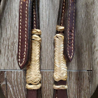 Soft Leather, Rawhide, Futurity Knot Headstall, Hair Tassle, Thick Split Reins, TomThumb, Quick Change *xc, mnr stains, edge scrapes, film & loose/undone laces, shedding tassles
