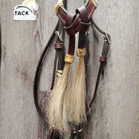 Soft Leather, Rawhide, Futurity Knot Headstall, Hair Tassle, Thick Split Reins, TomThumb, Quick Change *xc, mnr stains, edge scrapes, film & loose/undone laces, shedding tassles
