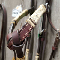 Soft Leather, Rawhide, Futurity Knot Headstall, Hair Tassle, Thick Split Reins, TomThumb, Quick Change *xc, mnr stains, edge scrapes, film & loose/undone laces, shedding tassles
