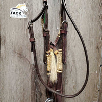 Soft Leather, Rawhide, Futurity Knot Headstall, Hair Tassle, Thick Split Reins, TomThumb, Quick Change *xc, mnr stains, edge scrapes, film & loose/undone laces, shedding tassles