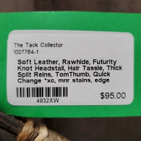 Soft Leather, Rawhide, Futurity Knot Headstall, Hair Tassle, Thick Split Reins, TomThumb, Quick Change *xc, mnr stains, edge scrapes, film & loose/undone laces, shedding tassles
