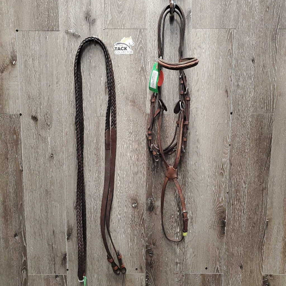 Monocrown FS/Rsd Padded Figure 8 Bridle, Laced Reins *xc/vgc, clean, mnr faded, rubs & dirt?residue, older?, mnr stiff