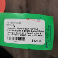 Monocrown FS/Rsd Padded Figure 8 Bridle, Laced Reins *xc/vgc, clean, mnr faded, rubs & dirt?residue, older?, mnr stiff
