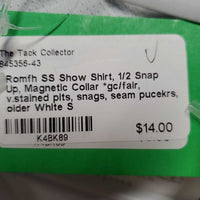 SS Show Shirt, 1/2 Snap Up, Magnetic Collar *gc/fair, v.stained pits, snags, seam pucekrs, older
