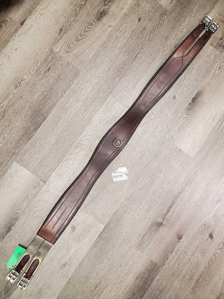 FS Flat Wide Padded Leather Girth, 1x Els, D Ring *gc, clean, stains, rubs, mnr residue, unstitched, faded