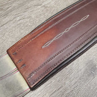 FS Flat Wide Padded Leather Girth, 1x Els, D Ring *gc, clean, stains, rubs, mnr residue, unstitched, faded
