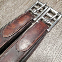 FS Flat Wide Padded Leather Girth, 1x Els, D Ring *gc, clean, stains, rubs, mnr residue, unstitched, faded