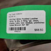 FS Flat Wide Padded Leather Girth, 1x Els, D Ring *gc, clean, stains, rubs, mnr residue, unstitched, faded