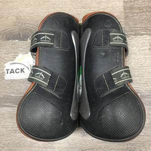 Open Front Boots, Leather Lined, tabs *gc, clean, rubs, scrapes, dirt/gunk, stains, older