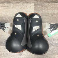 Open Front Boots, Leather Lined, tabs *gc, clean, rubs, scrapes, dirt/gunk, stains, older