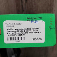 Monocrown Rsd Padded Dressage Bridle, Buckles, Flash, Rubber Reins *xc/like new