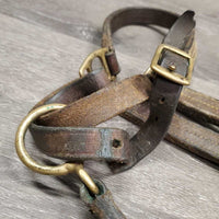 Narrow Thick Leather Halter, snap, adj *fair, clean, v.dry, stiff, scrapes, faded, slices, cracks, stains
