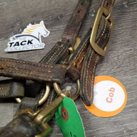 Narrow Thick Leather Halter, snap, adj *fair, clean, v.dry, stiff, scrapes, faded, slices, cracks, stains
