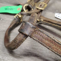 Narrow Thick Leather Halter, snap, adj *fair, clean, v.dry, stiff, scrapes, faded, slices, cracks, stains

