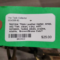 Narrow Thick Leather Halter, snap, adj *fair, clean, v.dry, stiff, scrapes, faded, slices, cracks, stains
