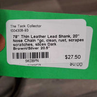 78" Thin Leather Lead Shank, 20" Nose Chain *gc, clean, rust, scrapes, scratches, slices

