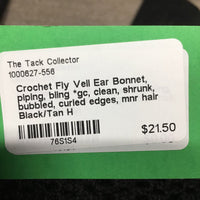 Crochet Fly Veil Ear Bonnet, piping, bling *gc, clean, shrunk, bubbled, curled edges, mnr hair
