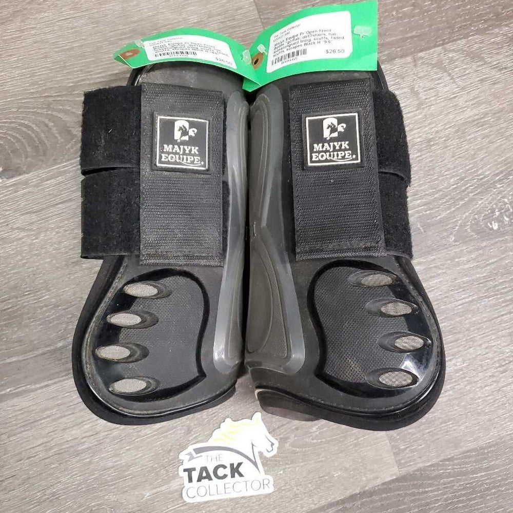 Pr Open Front Boots *gc/fair, dirt?stains, hair, loose/unglued lining, scuffs, faded, scuffs, scrapes