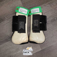 Pr Open Front Boots, velcro *gc/fair, discolored/yellowed, stains, scrapes, rubs, hair, residue, 1 squished