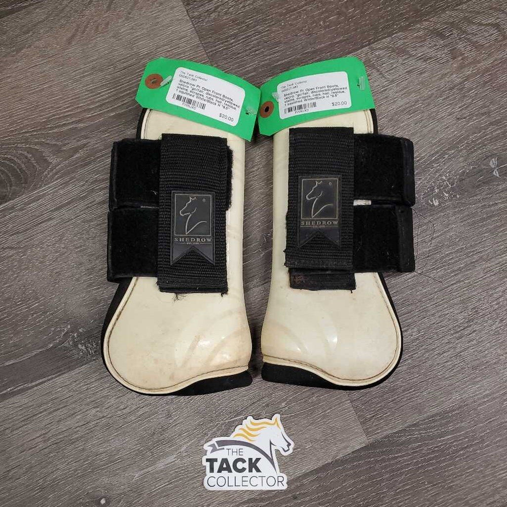 Pr Open Front Boots, velcro *gc/fair, discolored/yellowed, stains, scrapes, rubs, hair, residue, 1 squished