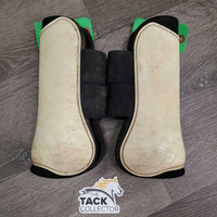 Pr Open Front Boots, velcro *gc/fair, discolored/yellowed, stains, scrapes, rubs, hair, residue, 1 squished
