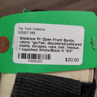 Pr Open Front Boots, velcro *gc/fair, discolored/yellowed, stains, scrapes, rubs, hair, residue, 1 squished