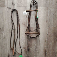 FS Rsd Thick Bridle, Braided Reins *gc/fair, dry, dirt, rubs, broken laces, film, stains, older
