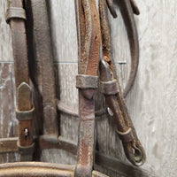 FS Rsd Thick Bridle, Braided Reins *gc/fair, dry, dirt, rubs, broken laces, film, stains, older
