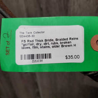 FS Rsd Thick Bridle, Braided Reins *gc/fair, dry, dirt, rubs, broken laces, film, stains, older
