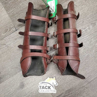 Open Front Leather Boots, buckles *gc, clean, dusty & dirty, older, stains
