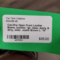 Open Front Leather Boots, buckles *gc, clean, dusty & dirty, older, stains
