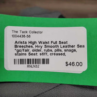 High Waist Full Seat Breeches, Hvy Smooth Leather Seat *gc/fair, older, rubs, pills, snags, stains Seat: stiff, creased, scratches
