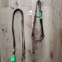 Flat Leather Bridle, Braided Reins *gc/fair, dry, stiff, older, rubs, residue, stains, scrapes
