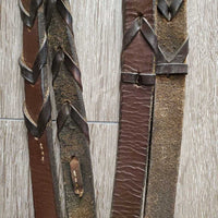 Flat Leather Bridle, Braided Reins *gc/fair, dry, stiff, older, rubs, residue, stains, scrapes
