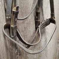 Flat Leather Bridle, Braided Reins *gc/fair, dry, stiff, older, rubs, residue, stains, scrapes
