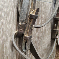 Flat Leather Bridle, Braided Reins *gc/fair, dry, stiff, older, rubs, residue, stains, scrapes
