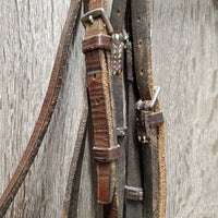 Flat Leather Bridle, Braided Reins *gc/fair, dry, stiff, older, rubs, residue, stains, scrapes
