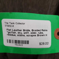 Flat Leather Bridle, Braided Reins *gc/fair, dry, stiff, older, rubs, residue, stains, scrapes
