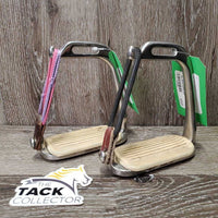 2 Safety Stirrup Irons, grips, elastics, keepers *gc, clean, mnr residue, peeling grips, hair tie els
