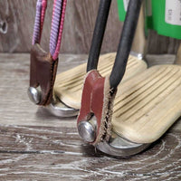 2 Safety Stirrup Irons, grips, elastics, keepers *gc, clean, mnr residue, peeling grips, hair tie els
