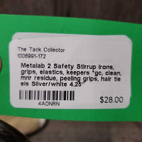 2 Safety Stirrup Irons, grips, elastics, keepers *gc, clean, mnr residue, peeling grips, hair tie els
