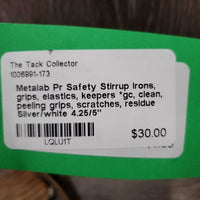 Pr Safety Stirrup Irons, grips, elastics, keepers *gc, clean, peeling grips, scratches, residue
