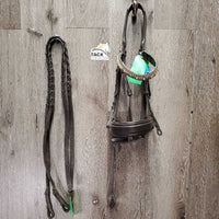 Monocrown Dressage Bridle, Crank, Bling, Braided Reins *gc, clean, rubs, faded, dirt & residue, Browband: mismatched, peeling & missing bling
