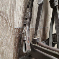 Monocrown Dressage Bridle, Crank, Bling, Braided Reins *gc, clean, rubs, faded, dirt & residue, Browband: mismatched, peeling & missing bling
