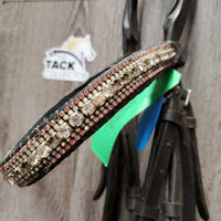 Monocrown Dressage Bridle, Crank, Bling, Braided Reins *gc, clean, rubs, faded, dirt & residue, Browband: mismatched, peeling & missing bling
