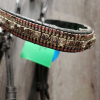 Monocrown Dressage Bridle, Crank, Bling, Braided Reins *gc, clean, rubs, faded, dirt & residue, Browband: mismatched, peeling & missing bling
